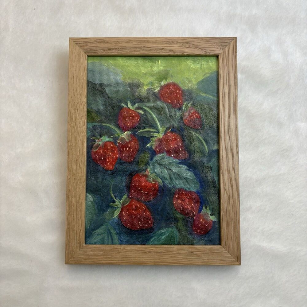 Original Strawberries Oil Painting 5x7 Canvas Board Framed